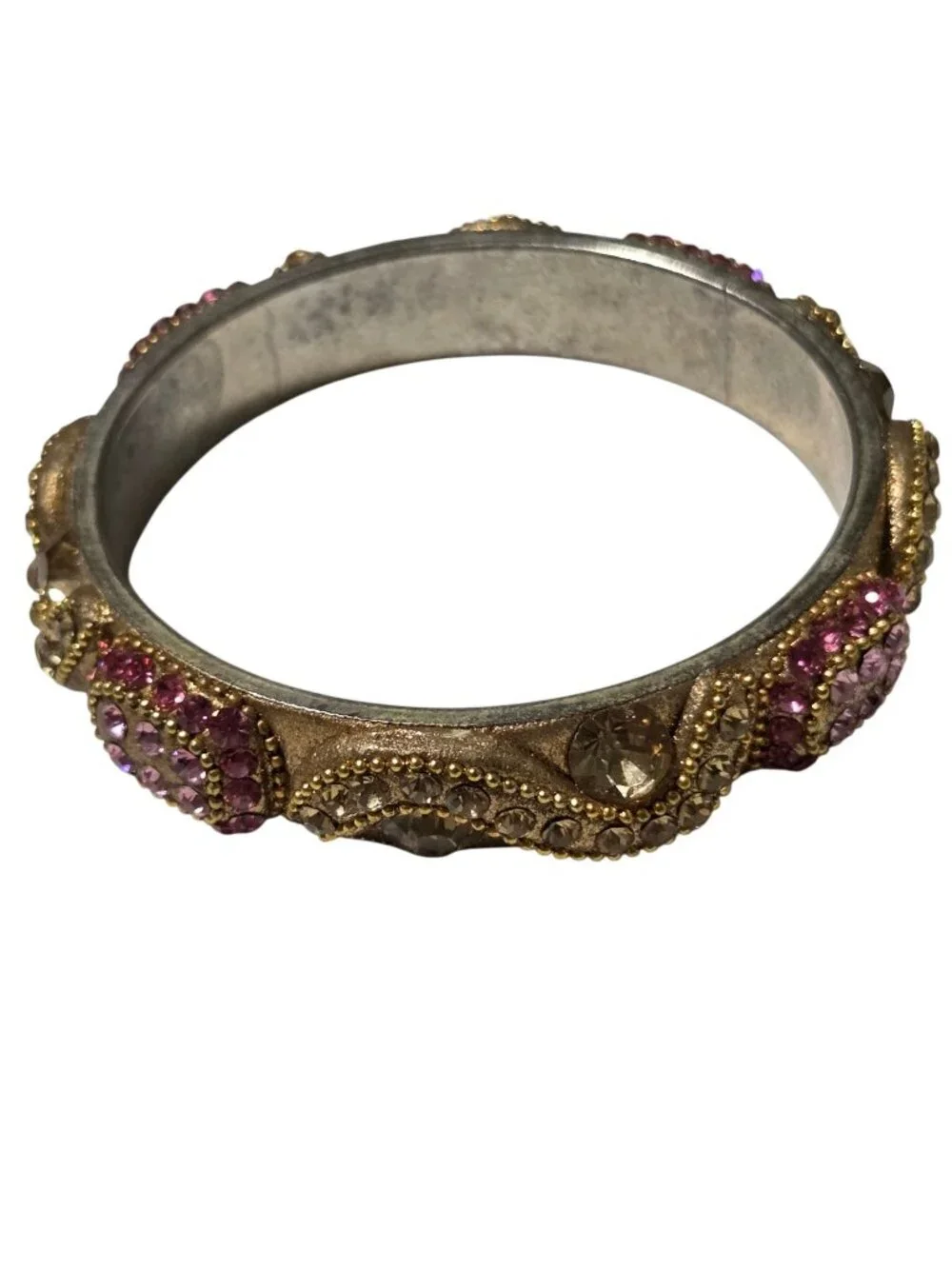Vintage Bangle Pink Clear Rhinestones Gold Tone Victorian Revival Romantic Women